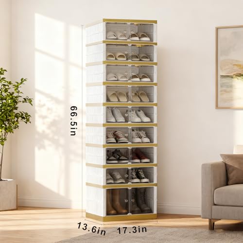 Image of SYNCVIBE Shoe Rack Organizer for Closet Entryway Foldable Sneaker Storage Shoe, Collapsible Shoe Cabinet, Stackable Shoe Storage Cabinet with Lids for Living Room (9 Tiers -18 Pairs White Gold)