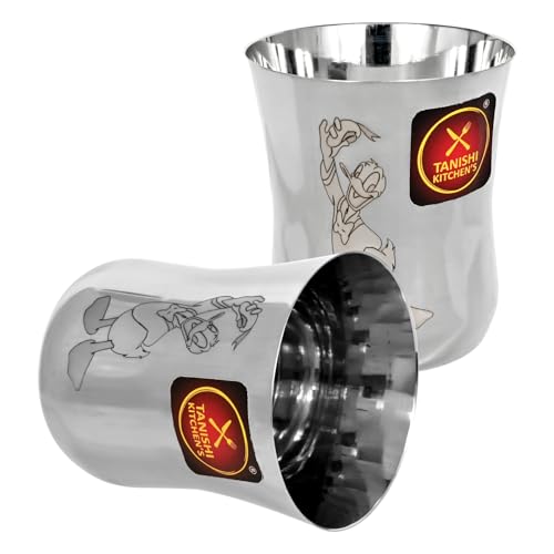 Image of TANISHI KITCHEN'S Stainless Steel Donald Duck Design Glasses for Kids | Set of 4 Water /Milk Tumblers | 100 ml Each | Cartoon Printed Drinking Glass for Toddlers & Children | Unbreakable & BPA-Free