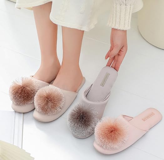 Elegant Satin Slippers for Women Indoor Outdoor Soft Cotton Slide Sandals Slip-on Shoes Trendy House Shoes with Pompom - Image 6