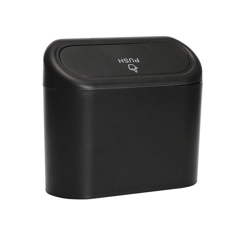 Mini Car Trash Can with Push Lid, Compact Vehicle Garbage Bin, Armrest Mount Seat Car Trash Bag Storage Box Organizers Waste Bin Trash Containers Black