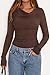 PRETTYGARDEN Women's Long Sleeve Cowl Neck Ribbed Knit Fall Shirts Slim Fit Ruched Going Out Crop Tops Basic T-Shirts(Brown,Small)