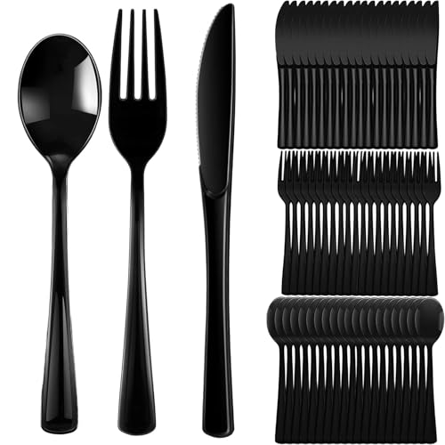 90piezas de cubiertos reutilizables,cubiertos translúcidos,Para Mesas De Comedor Fiestas, vajilla para celebraciones familiares, cena al aire libre (cuchillo/horquilla/cuchara cada 30) (negro)