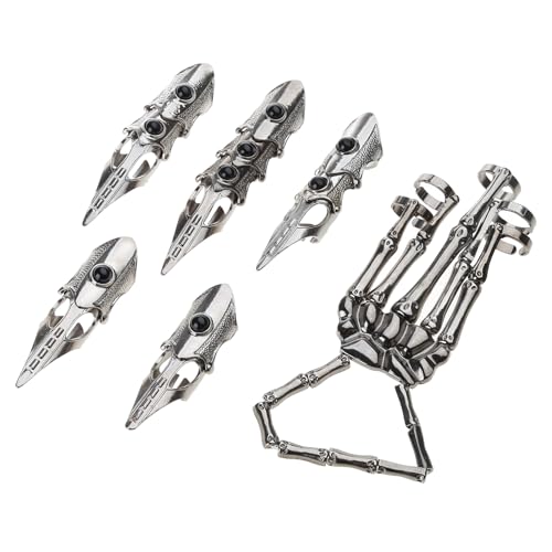 TEMOOUES Gothic Punk Skelett Hand Handschuh Einstellbare Metall Finger Klaue Skelett Vollfinger Ringe für Halloween Cosplay und Party