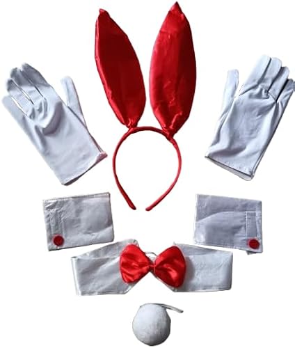 Bunny Costume Accessory Set, Red and White, with Ears Headband, Gloves, Bow Tie, Cuffs, Tail
