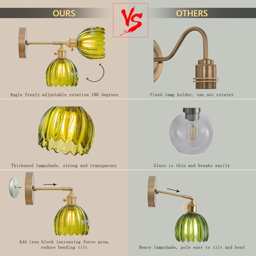 Image of Vintage Wall Sconces Wall Mounted Lights with Emerald Green Tulip Glass Lampshade Brass Sconces Hardwired 180 Degree Adjustable Modern Wall Lighting Fixture with Switch for Bedroom Bedside