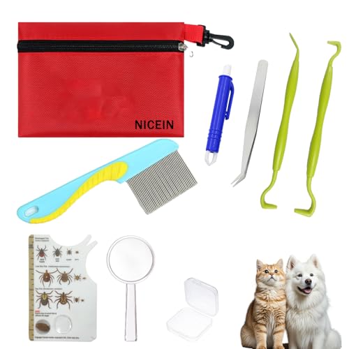 NICEIN Zecken Set, Zeckenset für Menschen, 2 Zeckenhebel, 1 Zeckenzange Pinzette, 1 Zeckenhaken und 1 Zeckenkamm, 1 Lupe, 1Zeckenkarte, Zeckenset mit Etui und Tasche