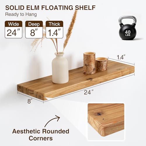 Dreamland 24" Rustic Elm Wood Floating Shelves, 8 Inch Deep Wall Shelves, Wall Mounted Floating Shelf with Invisible Bracket, Heavy-Duty Display Shelf - for Living Room, Kitchen, Bathroom, Set of 2 - Image 4