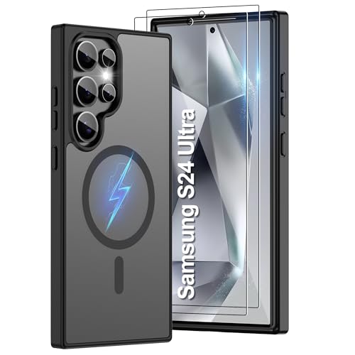 Pilaru Magnetic for Samsung S24 Ultra Case [Compatible with MagSafe] | 2X Screen Protector | Anti-Yellowing & Fingerprint Shockproof Skin-friendly Slim Fit Translucent for S24 Ultra-Matte Black