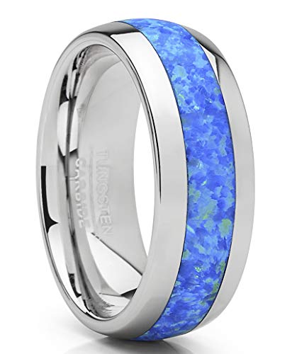 Metal Masters Co. Tungsten Carbide Wedding Band Dome Ring with Blue Green Simulated Opal Inlay 8mm