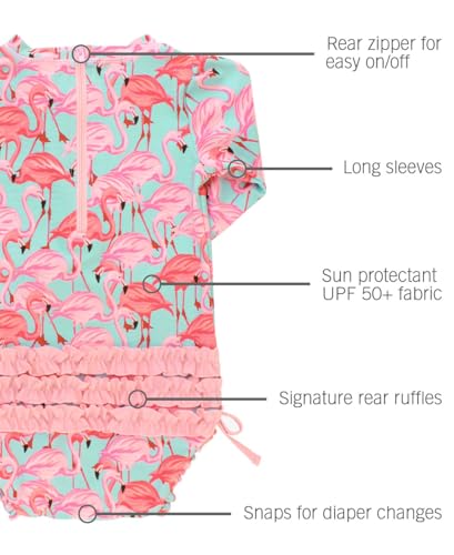 Image of RuffleButts Baby Girls UPF 50+ Sun Protection Floral Printed Long Sleeve One Piece Rash Guard Swimsuit with Zipper