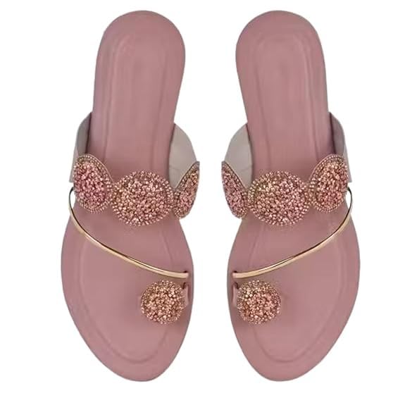 Women's Peach Embellished Flat Sandals For Party & Wedding Occasion-image-18