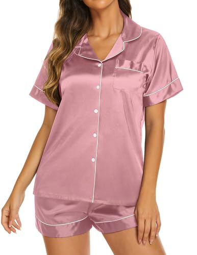 Image of Ekouaer Silk Pajamas for Women Short Sleeve Sleepwear Soft Button Down Loungewear 2 Piece Satin Pjs Shorts Set
