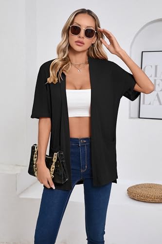 Image of Iandroiy Women's Lightweight Open Front Cardigans Casual Short Sleeve Blouse Tops