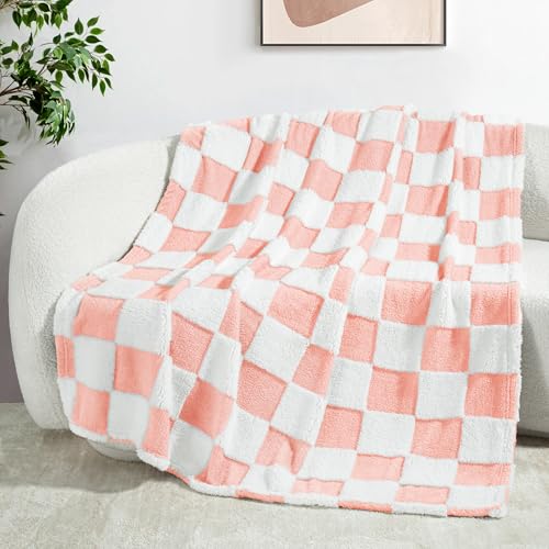 Exclusivo Mezcla Checkered Throw Blanket, Super Soft and Warm Fluffy Fleece Blanket for Couch, Sofa, Bed, Cute Plaid Pattern, Pink, 50' x 60'
