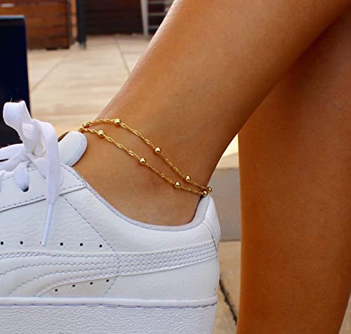 Gold Dainty Layered Anklet Satellite Chain Anklet For Women,14K Gold Plated Cute Wave Bead Satellite Chain Boho Beach Layering Plain Foot Chain Ankle Bracelet For Teen Girls #TOP1