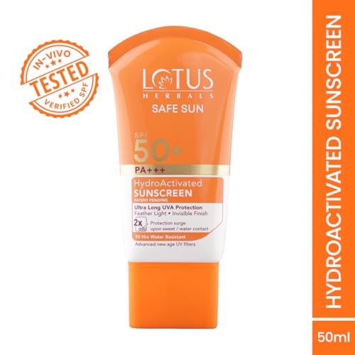 Image of Lotus Herbals Safe Sun HydroActivated Sunscreen SPF 50+ PA+++ | 2X Protection from Sun and Tan | In-Vivo Tested | No White Cast | 10-Hr Water Resistant | for Women and Men | All Skin Types | 50ml