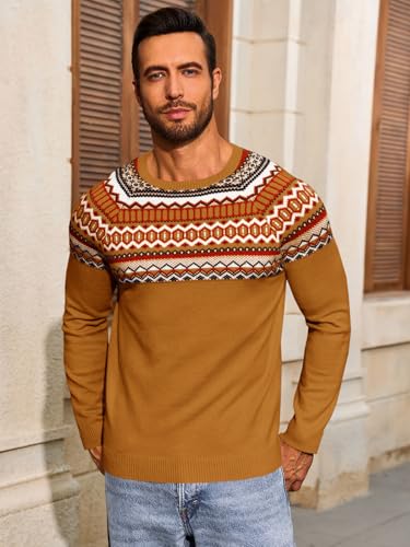 Runcati Mens Crew Neck Sweater Casual Fair Isle Knit Pullover Long Sleeve Fall Winter Chunky Sweaters2