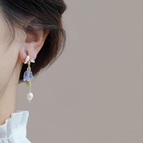 Violet Bell Orchid Pearl Stud Earrings for Women Simple Bell Orchid Flower Tassel Dangle Drop Earrings Wedding Party Daily Jewelry Gifts4