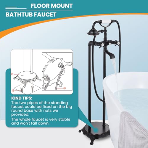 gotonovo Freestanding Bathtub Faucet Floor Mount Tub Filler with Double Cross Knobs 360° Rotation Spout High Flow Floor Standing Bathtub Shower Trumpet Shape Handheld Spray Oil Rubbed Bronze - Thumbnail 7