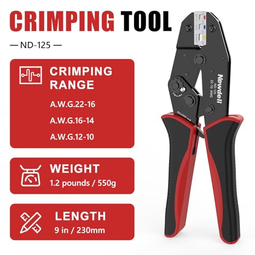 Image of Newdeli Wire Crimping Tool for Heat Shrink Wire Connectors - AWG 22-10 Ratchet Wire Crimper Tool for Electrical Insulated Nylon Wire Terminals Heatshrink Butt Connectors Ratcheting Crimping Plier