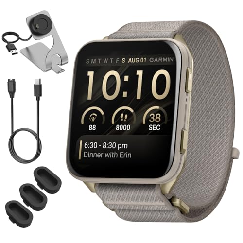 Garmin Venu X1 GPS Premium Smartwatch, Soft Gold, Titanium, French Gray Bundle with Deco Essentials Charging Dock, 3X Silicone Dust Cover and USB Type C Charging and Sync Cable