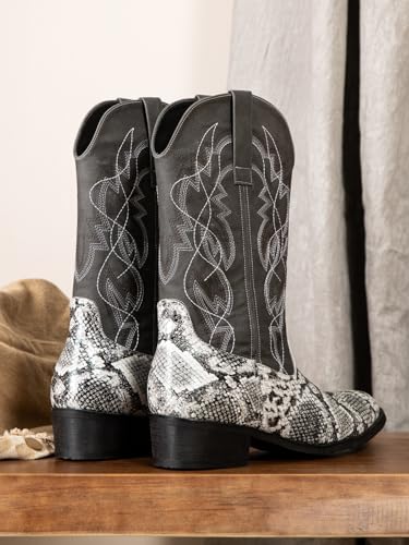 Image of Python Manning Men's Boots Cowboy for Men Classic Pointed Toe Western Pull Up Snakeskin Embroidered Mid-Calf Boots