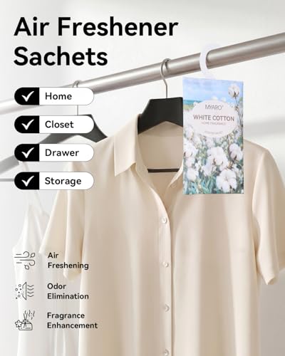 Image of MYARO Hanging Sachets Air Freshener for Home: 12 Packs Clean & Fresh Hanging Scented Sachet Bags for Closet, Clothes, Lingerie Drawer, Car, Bedroom, Laundry Fragrance Gift for New House (White Cotton)