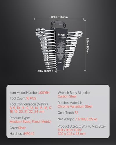 Image of VEVOR Combination Wrench Set, 16-Piece Ratcheting Wrench Set with Organizer Rack, Cr-V Steel, Metric 8 mm to 24 mm, Ideal for General Household, Garage, Workshop, Auto Repairs, Emergency
