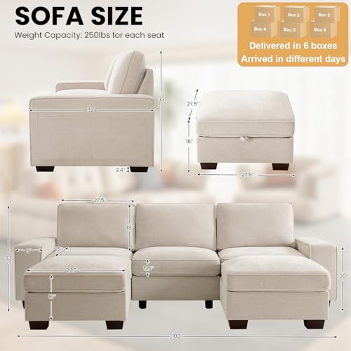 Image of TEKAMON 100 inch Modular Sectional Sofa with Seats Storage, U Shaped Couch with 2 Movable Ottomans, Chenille Fabric Couch for Living Room, Spring Cushions, USB Port, Removable Covers, (Beige, U Shape)