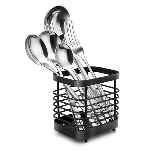 Pluzluce Kitchen Cutlery Utensil Holder Rack Stainless Steel, Cooking Utensil and Gadgets Stand, Caddy Storage Organizer for Knives and Spoon, Spatula, Tong, Flatware Silverware Dinner Forks Black