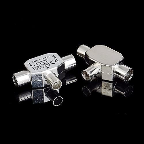 IRYNA TV Aerial Splitter 2 Way, Male To Two Female Coaxial TV Aerial Connector,T/F Type Adapter Connector Socket to RF Coax Aerial Adapter, Pack of 1