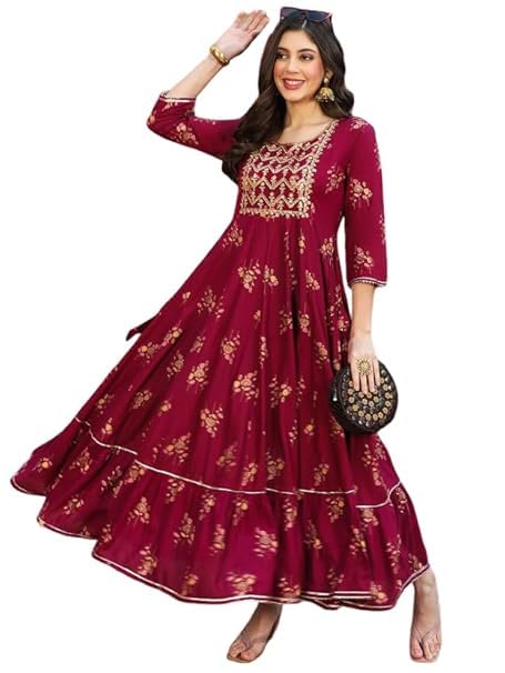 jayrosh Women's Rayon Anarkali Long Gown Kurti with Gold Print & Embroidery - Ethnic Flared Dress for Girls Casual Wear-picture-32