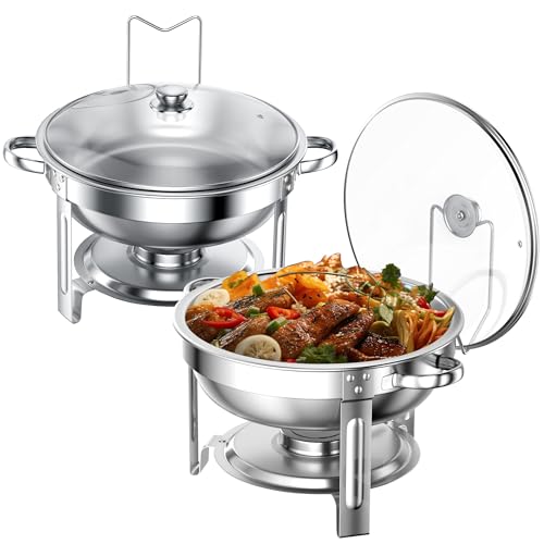 Chafing Dishes for Buffet Set: 100% Pre-installed Chafers for Catering - Round Chafing Dish Buffet Set with Lids | Chafers and Buffet Warmers Sets | Serving Food Warmer | Chafers Servers Sets