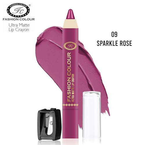 Image of FASHION COLOUR Ultra Matte Lip Crayons With Free Sharpener | Smudge Proof And Waterproof | For Hydration And Moisturization | Long Lasting Lipwear with Matte Finish, Cruelty-free and Paraben-free - 2.5 gm(Sparkle Rose)
