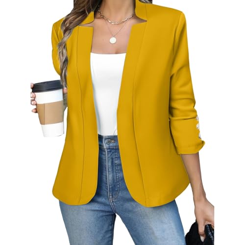 Business Blazers Women Casual Fall Open Front Long Sleeve Work Office Suit Dressy Lightweight Jackets Outfits Linen Spring Holiday Resort Wear 2025 Corporate Classy Labor Professional Clothes Yellow