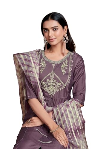 Image of EthnicJunction Women's Chinon Embroidered Straight Front Slit Kurta Palazzo & Organza Dupatta Set | Wedding | Heavy | Outfit | Suit
