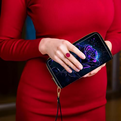 Women's Card Holder Wristlet Wallet, Convenient Travel Long Wallet with Strap and Pink Compact Mirror, Fashion and Sturdy Wristlet Long Purse for Women, Purple Dark Rose2