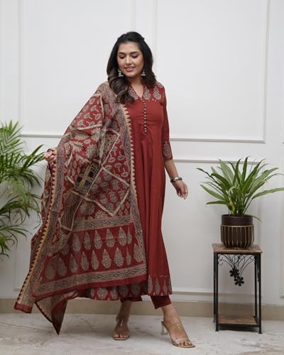 Image of GoSriKi Women's Rayon Viscose Anarkali Printed Kurta Pant with Dupatta | Anarkali Kurta Set for Women | Flared Kurti Pant Set | Ethnic Printed Suit for Women