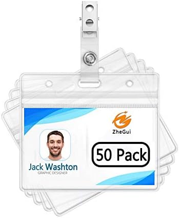 ID Badge Holder Horizontal Waterproof Zip PVC ID Card Holder Clear Plastic Name Tag Holders with Clip Badge Straps by ZHEGUI (50 Pack, Horizontal 2.3X3.5)