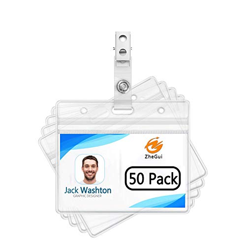 Id Badge Holder Horizontal Waterproof Zip Pvc Id Card Holder Clear Plastic Name Tag Holders With Clip Badge Straps By Zhegui (50 Pack, Horizontal 2.3X3.5) #TOP1