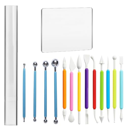 Basic Polymer Clay Tools Clay Sculpting Tools Acrylic Roller Pin Clear Rectangle Sheet Press Board Double-Ended Pottery Carving Set for Beginner (15)