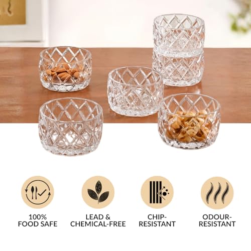 Image of Nestasia Small Glass Chutney Bowls Set of 6 (160ml Each) - Heat Resistant & Chip Resistant Ice Cream Bowls for Dips, Sauce & Pickles | Diamond Cut Transparent Katori with Gift Box - Ideal for Gifting