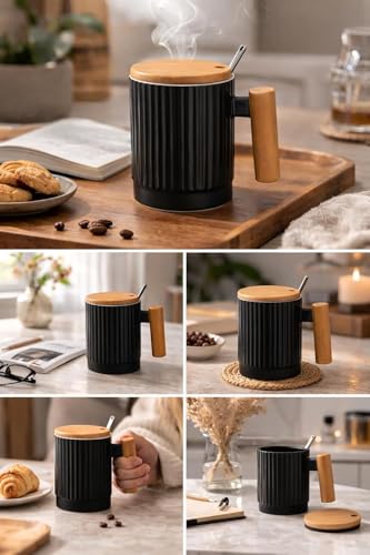 Image of Coffee Mug, Gift for Woman, Birthday Present for Girlfriend, Present for Wife Birthday, Mugs for Present, Holi Gifts, Panda Mug with Lid & Spoon Mug For Kids (Fluted Black)