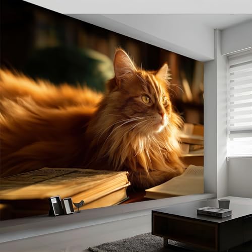 Carta da Parati Murale Fotografica Vintage Animali Gatto Libri 250L x 175A cm, Carta da Parati Murale Fotografia Fotografia Naturalistica per Soggiorno Camera da Letto Ufficio Cameretta