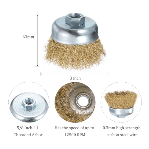Image of Wire Cup Brush for Grinder - [3 Inch] Coarse Crimped for Paint Stripping Cleaning Rust Duty Conditioning, 5 /8 Inch-11 Threaded Arbor, Silver Tone