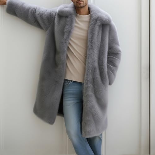 Image of Colf Men's Winter Fluffy Lapel Faux Fur Coat Jacket | Mens Faux Fur Jacket, Winter Long Overcoat, Long Sleeve, Fluffy, Thik Warm