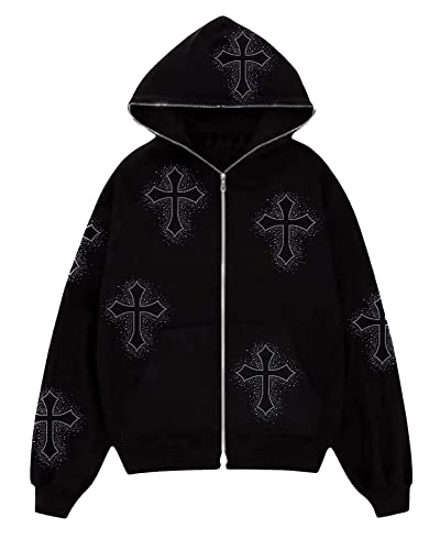 Womens Zip Up Skeleton Glitter Gothic Y2K Jacket, Rhinestone Punk Dark E-Girl Hooded Sweatshirt