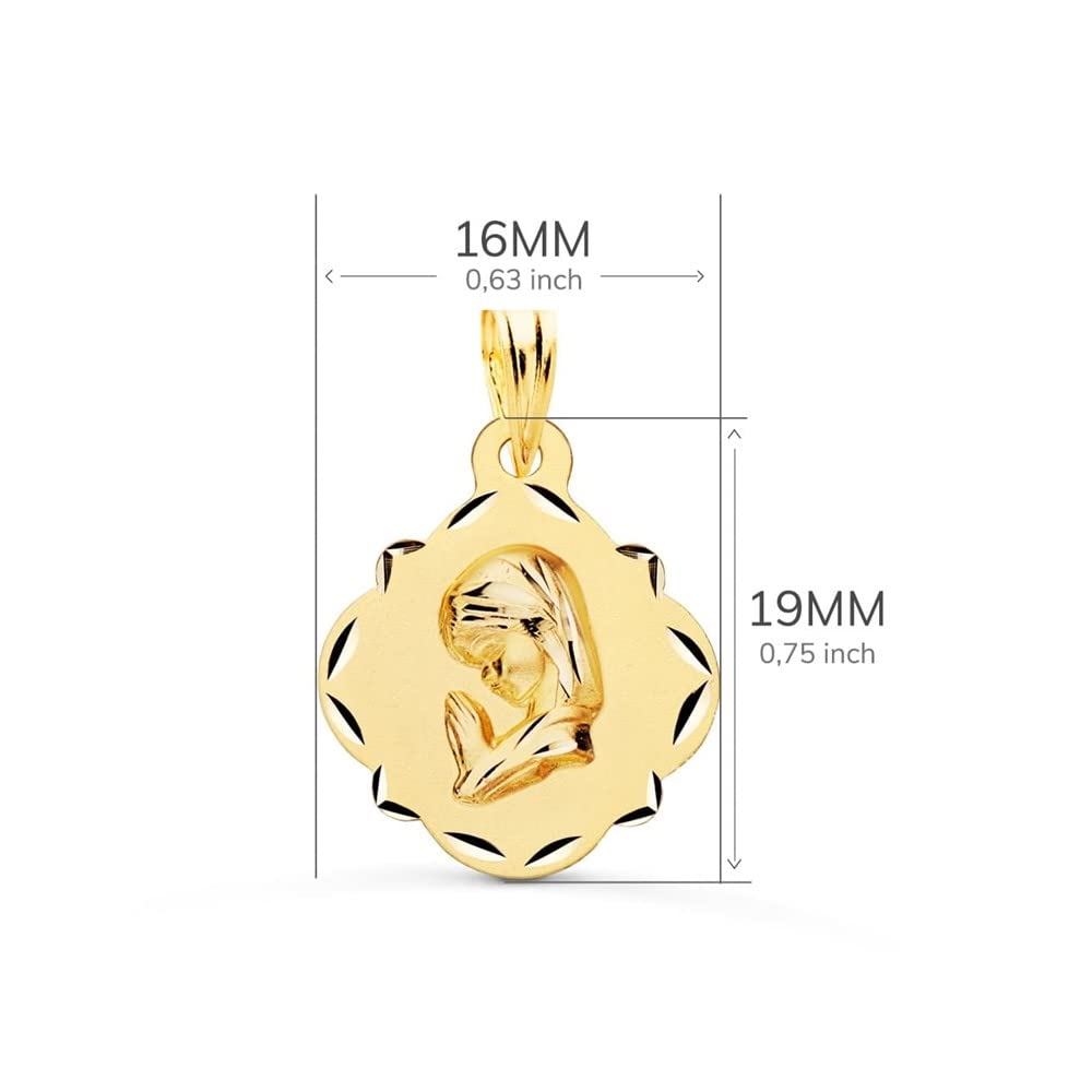 Virgen Niña medalla oro 18k Primera Comunión 19mm. forma pandereta detalles tallados borde