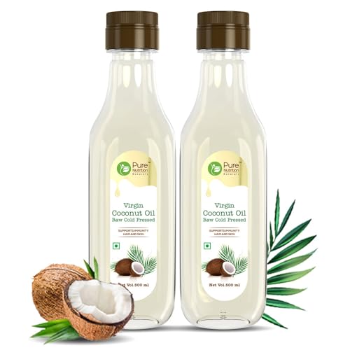 Image of Pure Nutrition Naturals Virgin Coconut Oil 1 Litre (500ml x 2 Pet Bottles), Cold Pressed & Unrefined, Good for Hair Growth, Skin, Baby Massage & Cooking, Reduce Hair-fall