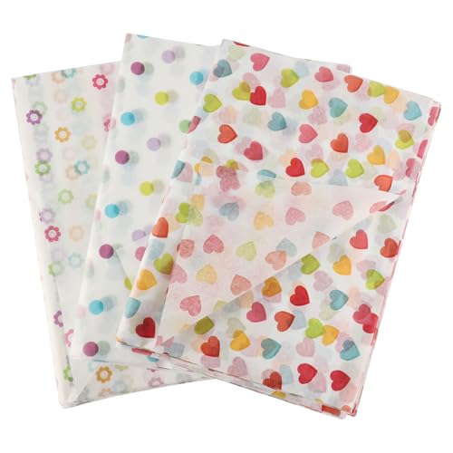 Lvjkes Papel de seda, 60 hojas grandes de papel de seda, papel artístico, perfecto para envolver regalos, almacenar, embalar, arte y manualidades (50cm x 70 cm, Corazones/Puntos/Flores)